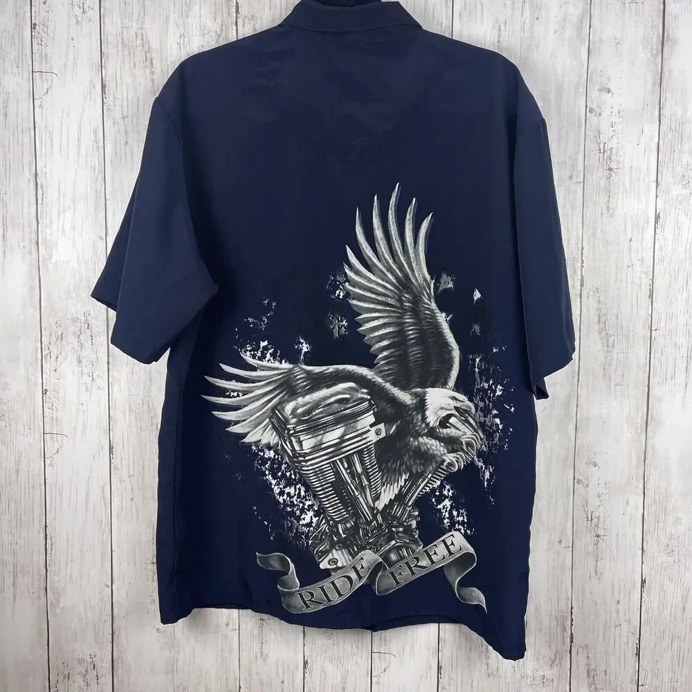No Boundaries Shirt Men Medium Navy Blue Button Front Camp Eagle Ride Free‎
